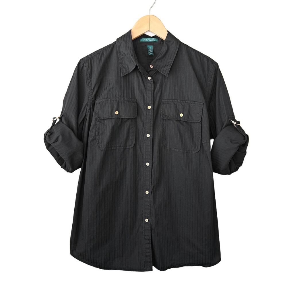 Ralph LAUREN Black Stripe Button Down Camp Shirt 1X Roll Tab Sleeve Utility